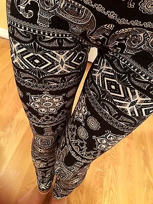 PLUS Elephant Tribal Indian SOFT Battery Leggings S M L One Size 1X 2X 2-22 • $6.99