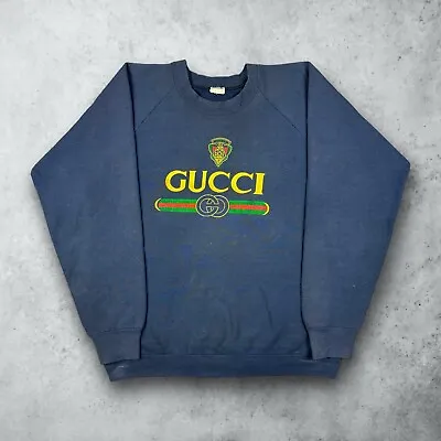 Vintage 90s Gucci Bootleg Graphic Crewneck Sweatshirt Blue Size XL USA • $99.99