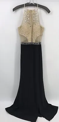 Vintage Masquerade S Maxi Slinky Sexy Sequin Black Tan Dress Open Back Halter • $34.99
