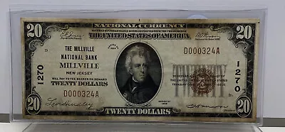 1929 TY. 1 $20 The Millville National Bank New Jersey CH #1270 Serial # 324 • $75