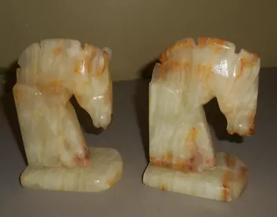 Vintage Onyx Beige Brown Hand Carved Horse Heads Bookends 5.5  • $15