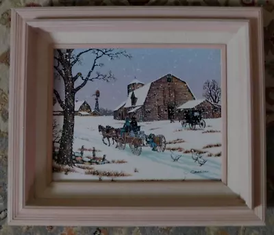 WINTER LANDSCAPE Vintage C. Carson On Canvas Snow Barn Horse Carriage 4.3 • $24.99