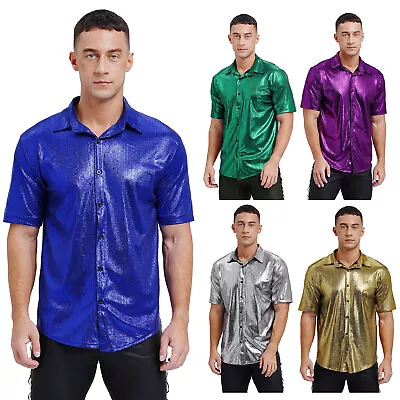 Men's Glitter Shirt Short Sleeve Shiny T-shirt Disco Party Shirt Clubwear Street • $6.43