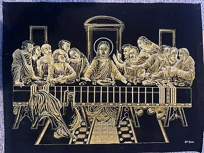Last Supper Jesus Wall Hanging Art Glitter Painting Gold Black Velvet Sri Lanka • £19.50