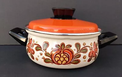 VTG Lotus Flowers Enamelware 1.5 Quart Floral Pot Orange Lid MCM • $29.99