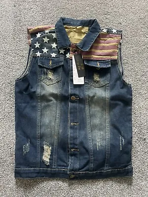 Denim Waistcoat With American Flag Motif - Size Xl - Condition. Brand-new • £40