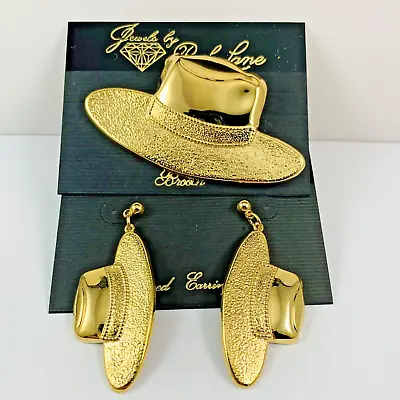 Vintage PARK LANE Gold Tone FEDORA HAT Dangle Pierced Earrings & Brooch Set • $19.99