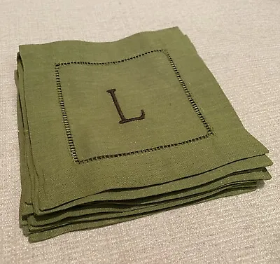 New - Set Of 12 - Olive Hem Stitched L Monogram Linen Cotton Cocktail Napkins 6” • $29.99