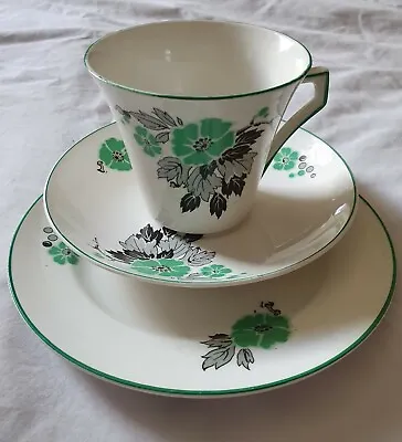 Palissy Art Deco Vintage Tea Trio 1930's - White With Green Black Floral Design • £5.90