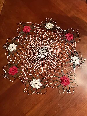 Vintage Crocheted Christmas DOILY 18  Round White And Red Roses With Green Trim • $18