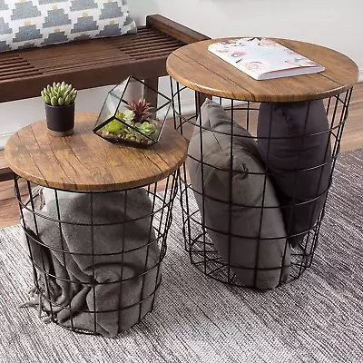 Set Of 2 Nesting Storage Side Tables - Vintage Look With Wood Veneer And Metal F • $154.42