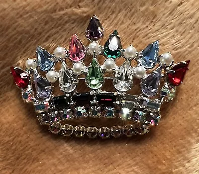 Vintage Rhinestone Princess Crown Brooch B David Jewelry Multicolor Stones Pin • $64