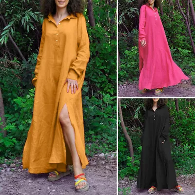 8-24 Womens Long Sleeve Casual Solid Kaftan Dresses High Split Long Shirt Dress • $27.54