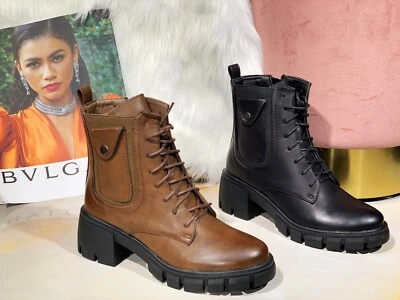 Ankle Boots Shoes Ladies Biker Zip Lace Up Army Combat Winter Casual Womens Size • £19.94