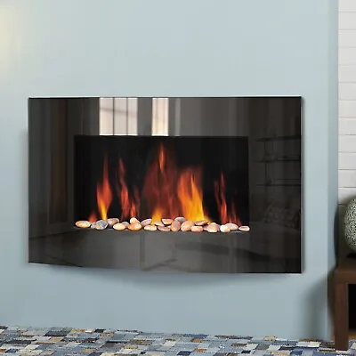 Electric Fire Fireplace Wall Mounted Curved Black Glass Slimline Remote Control • £149.99