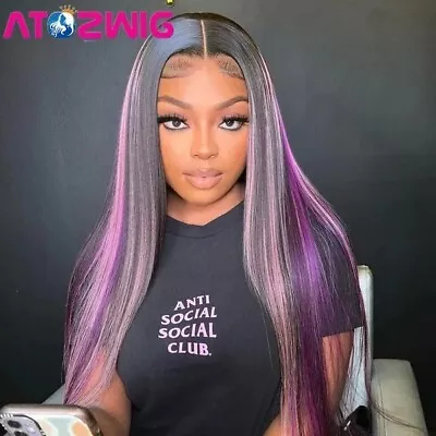 Women Long Straight Lace Front Wig Highlight Purple Pink Wig For Women Cosplay  • $43.03