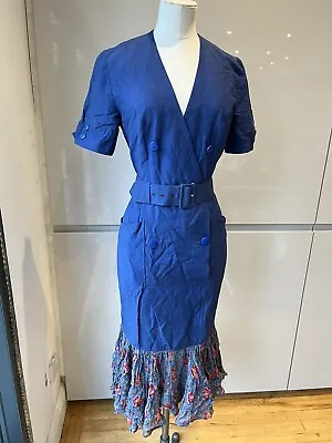 Vintage Dusk Dress Electric Blue Floral Fish Tail Double Breasted V-neck Size 12 • $117.15