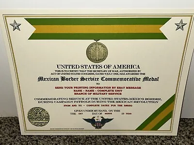 Mexican Border Service (army) Commemorative Medal Certificate ~w/printing Type-1 • $15.16