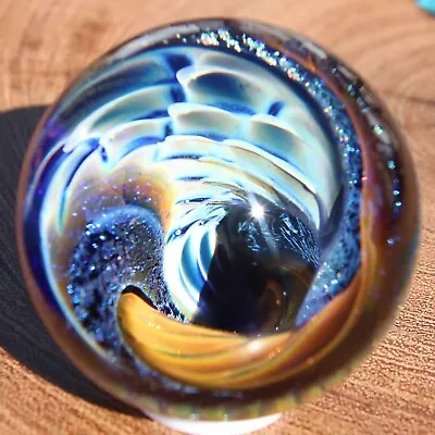 Borosilicate Clear Orb Hand Blown Sphere Marble 1.75  4 Bands Blue Gold Vortex • $175