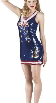 Womens Dazzle Sequin Navy Nautical Hen Party Fancy Dress Costume (Size Medium) • £13.99