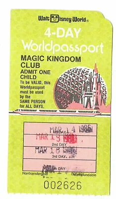 1986 Magic Kingdom Club Walt Disney World 4 Day Worldpassport Used Child Ticket • $44.12