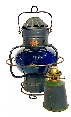 Early 20th Cen. Nautical Marine Cobolt Blue Mast Oil Lantern Alfred F. Genton • $750