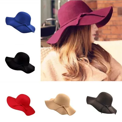 Women Girls Wide Brim Floppy Warm Wool Felt Bowler Hat Floppy Beach Cap • $23.83