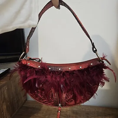 Mario Hernandez Burgundy Shoulder Bag Sunning Red Velvet Bag With Feathers EUC • $65