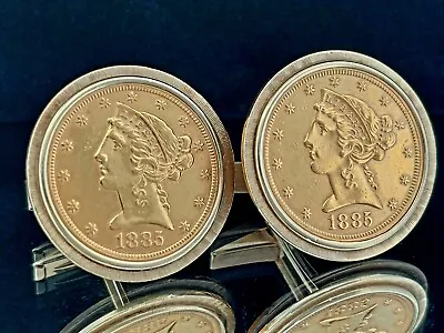 14k Yellow Gold 1885 Liberty Head 5$ Gold Coin MB Men's Cuff Links - 26.14 Gr. • $2499