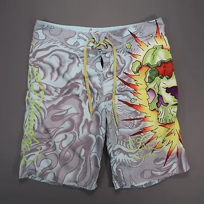 Ed Hardy Board Shorts Mens 34 Blue Gray Skull Stretch Long Drawstring • $44.80