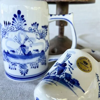 Vintage Delft Mug & Clog Set - Blue & White Ceramic Plant Pots - Dutch Souvenirs • $5.50