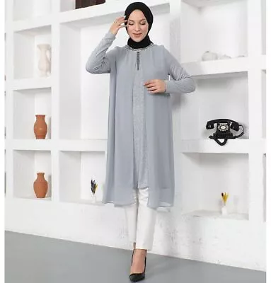 Modest Women's Turkish Formal Sparkly Muslim Fashion Tunic 6-50233 - Gray • $77.98