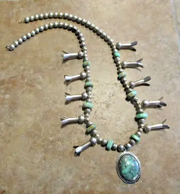 26  ATTRACTIVE Vintage Navajo Sterling Silver Turquoise Squash Blossom Necklace • $369