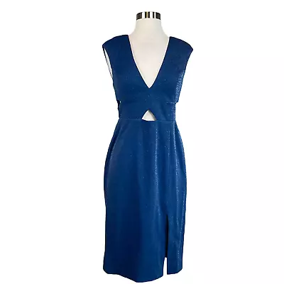 Aidan Mattox Women's Cocktail Dress Size 12 Blue Metallic Cutout Midi Sheath • $39.99