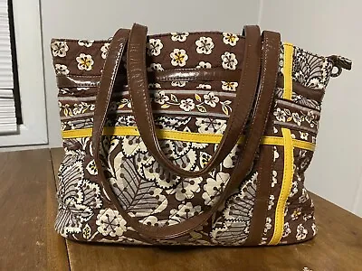 Vera Bradley Slate Blooms Retired Tote Bag Brown Yellow Floral Leather • $15