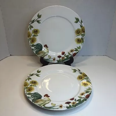 Pfaltzgraff Rooster Meadow 2 Dinner Plates 10.5  Sunflowers Chicken • $29.99