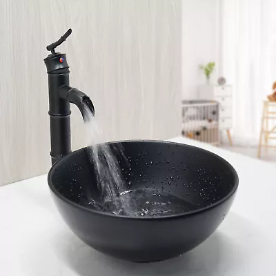 13  Round Black Bathroom Sinks Ceramic Vessel Sink Basin Bowl Combo Faucet Drain • $82