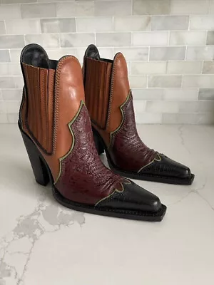 RRP$855 DSQUARED2 Leather Western Boots US7 EU37 UK4 Ostrich Skin Pattern • $288.20
