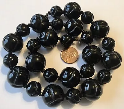 Vintage Large Mourning Jet Black Molded Bead Necklace • $169