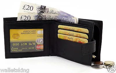 RFID BLOCKING Mens Real Leather Wallet With Zip Coin Pocket & ID Window 44-Black • £5.99