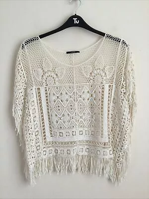 £6.50 • Buy George Cream Sheer Crochet Fringed Top Size M (12-14)