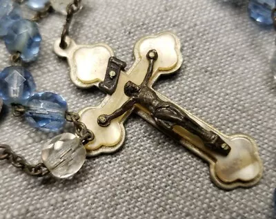Vintage Rosary Mother Of Pearl Crucifix Blue Glass Beads Christian G88 • $34.99