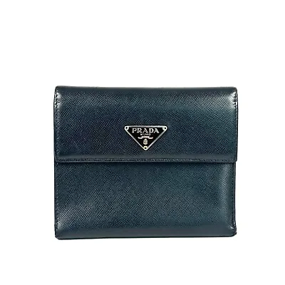 PRADA Logo Plate Black Saffiano Leather Triold Wallet From Japan • $25