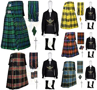 $86 • Buy Scottish Traditional 8 YARD TARTAN KILTS -Ghillie Shirt -Scarf -Kilt Pin Flashes