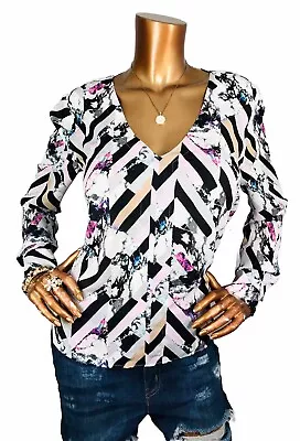 Jennifer Lopez M Top Soft V Cut Multi Prints High Low Hem Easy Wear Blouse JLo • $19.99