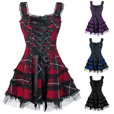$45.57 • Buy Women Bandage Plaid Lace Corset Sleeveless Fancy Midi Dress Steampunk Cosplay