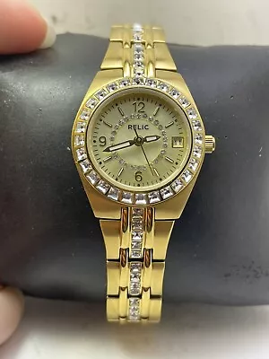 $29.99 • Buy Relic By Fossil Queens Court Crystal Gold Tone Ladies Quartz Watch ZR11778-H25