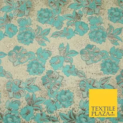 Cream Aqua Blue Floral Metallic Gold Speckle Spray Textured Brocade Fabric 7165 • £1.50