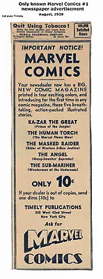 MARVEL COMICS #1 - 1st TIMELY AD Sept 1939 - Shockingly RARE - 1st SUB-MARINER • $2500