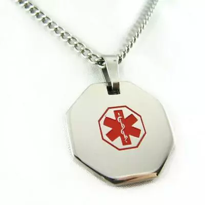 Medical Alert ID Pendant Necklace Stainless Steel Custom Engraved Red 27in Chain • $24.99